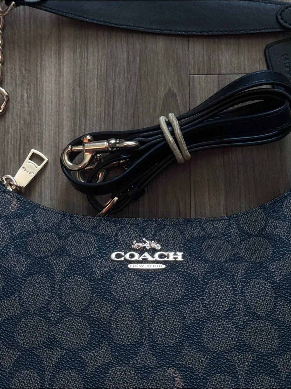Coach Navy and Black Signature Canvas Shoulder Bag with Gold Hardware
